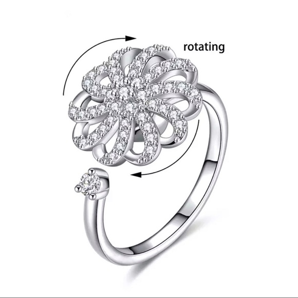 Chrysanthemum Flower Fancy Fidget Spinner Crystal CZ Rotating Silver Ring OS - Picture 2 of 4